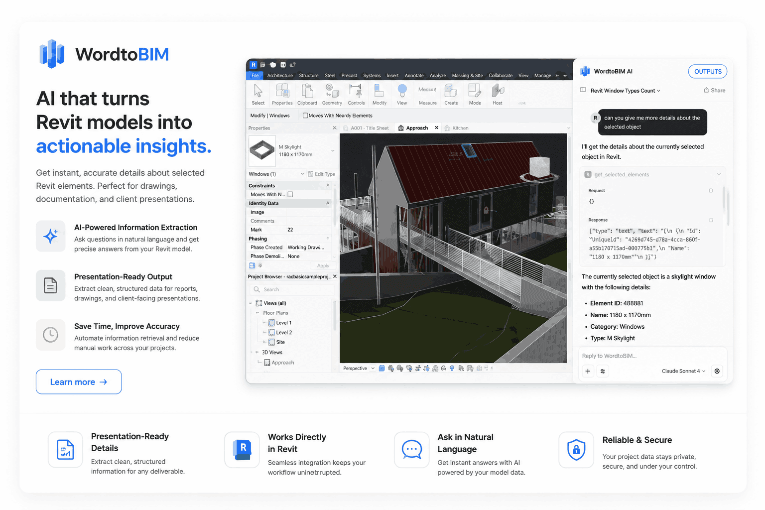 WordtoBIM AI Revit workspace showing a generated building model