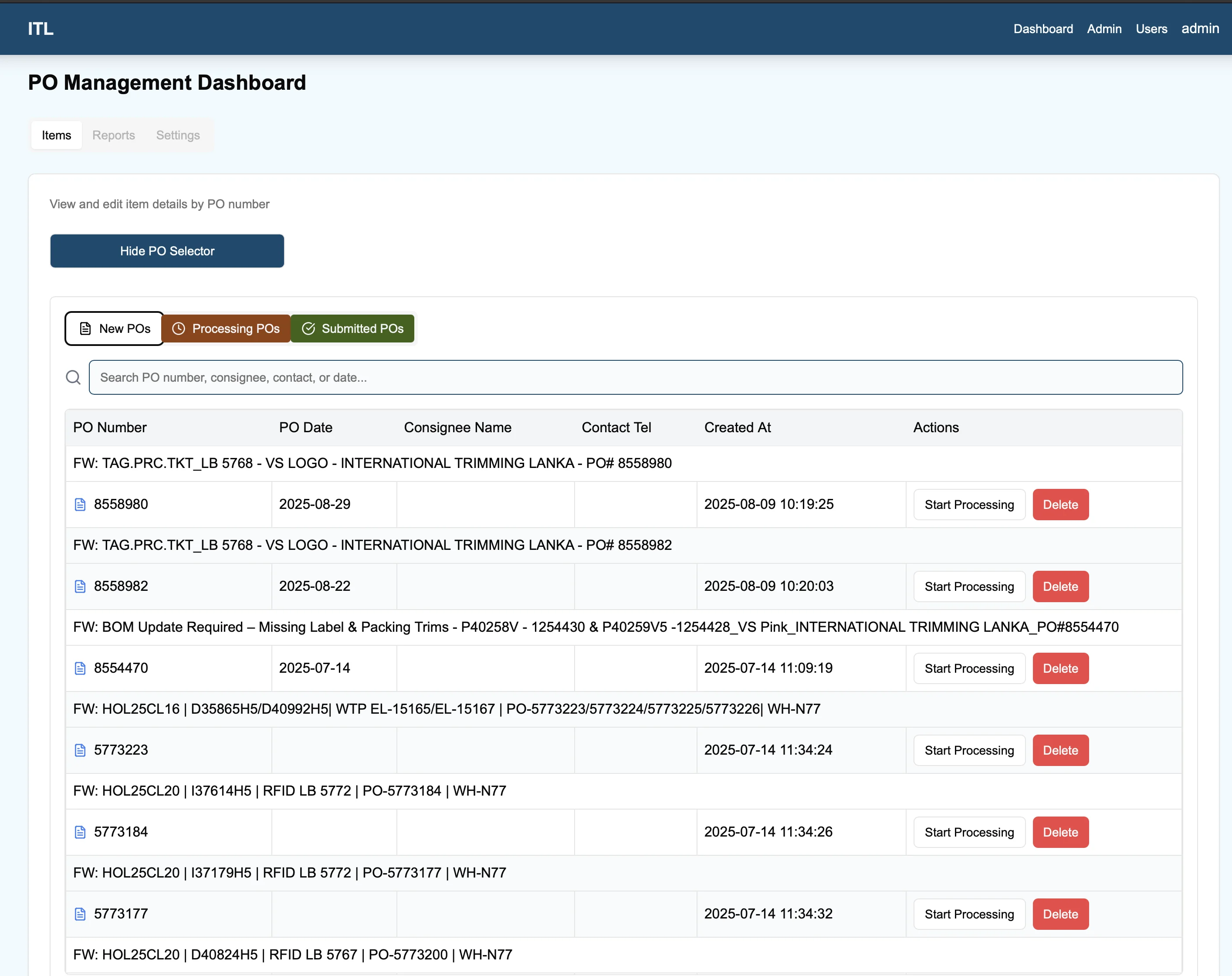 AI Purchase Order Handling Interface